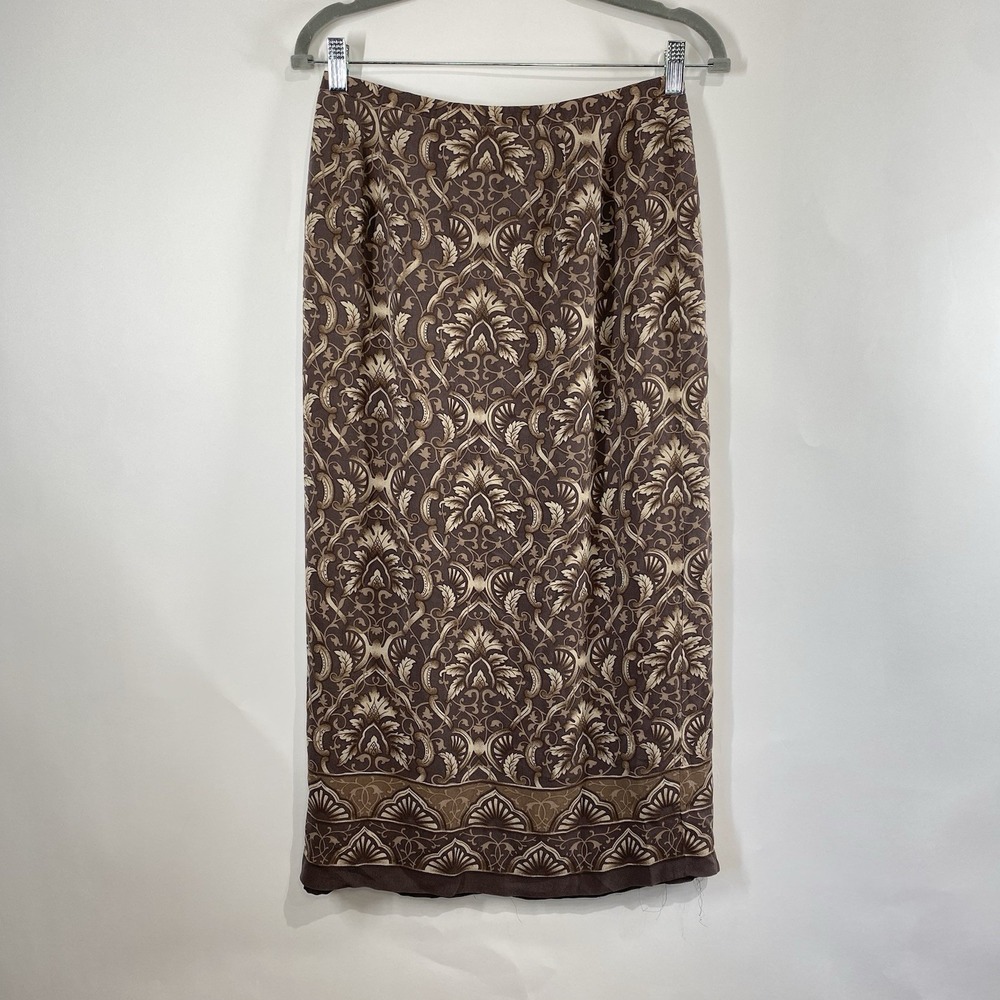 Talbots Womens Petite Pure Silk Damask Skirt Size 8 Old Money Brown Slit Classic